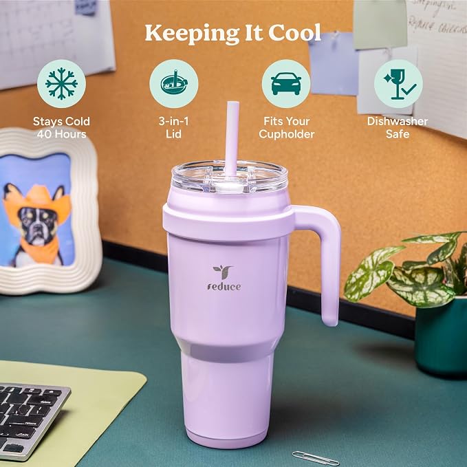 REDUCE 40 oz Stainless Steel Tumbler with Handle - Dual-Wall Vacuum Insulated Travel Mug, Sweat-Proof Lid & Reusable Straw - Keeps Drinks Cold for 24 Hrs, Fits Cupholders, Dishwasher Safe - Sand - Image 3