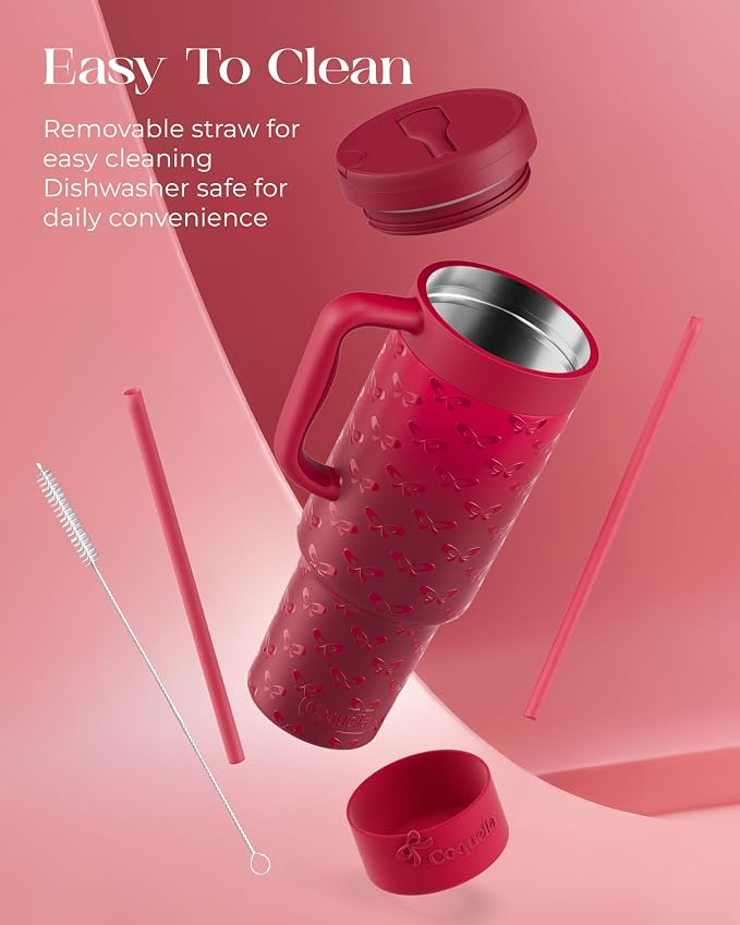 40 oz Insulated Tumbler with Handle and Push-Button Straw Lid, Stainless Steel Travel Cup for Gym Office, Leakproof, BPA-Free, Cup Holder Friendly, Bow Silicone Boot, Red (Coquette Cherry) - Image 6