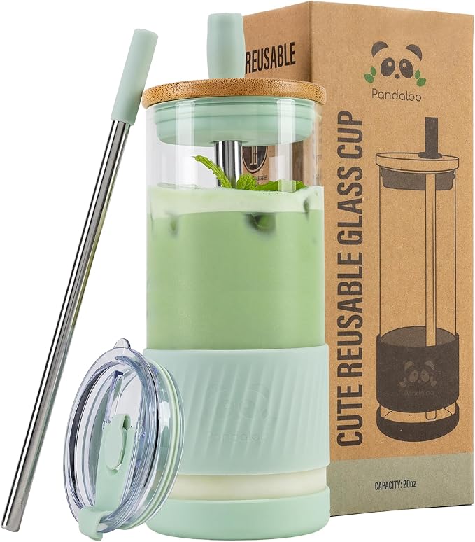 Pandaloo® Glass Cups With Lids and Straws -20 Fl Oz- Perfect Size Iced Coffee Cup - Smoothie Cup With Bamboo Lid and On the go Lid (Sweet Sage, 1 Count (Pack of 1) by Pandaloo