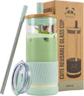 Pandaloo® Glass Cups With Lids and Straws -20 Fl Oz- Perfect Size Iced Coffee Cup - Smoothie Cup With Bamboo Lid and On the go Lid (Sweet Sage, 1 Count (Pack of 1) by Pandaloo