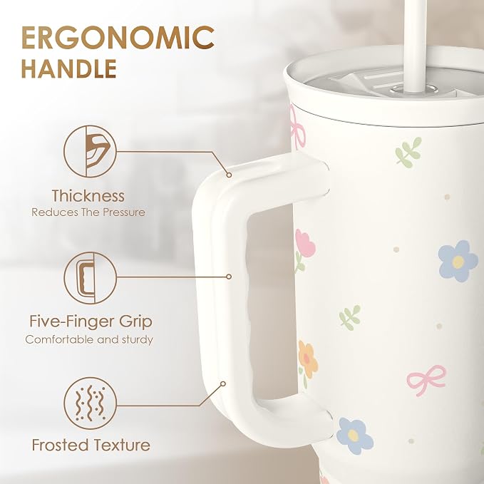 Floral 40oz Slider Tumbler with Handle and Straw - Insulated Stainless Steel Travel Coffee Mug for Women Girls, Gift for Birthday Christmas - Image 3