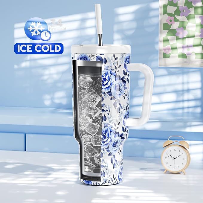 Meoky 40 oz Tumbler with Handle and Straw: Stainless Steel Insulated Tumbler with Lid and Straw - 100% Leak Proof Tumbler for Car Cup Holders - Travelers Commuters Workers, Blue Rose - Image 2