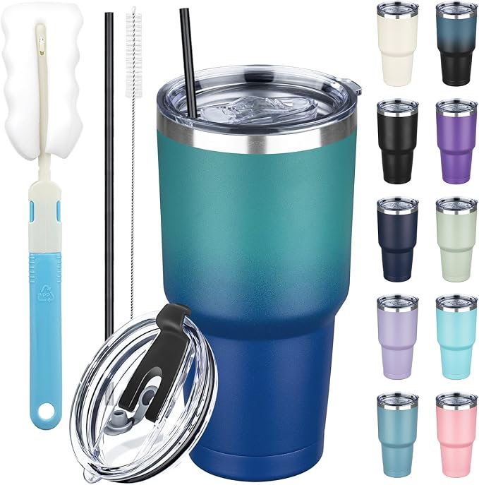 30 oz Tumbler with Lids and Straws, Stainless Steel Insulated Coffee Tumbler, Double Wall Vacuum Insulated Travel Mug Cup, Leakproof Thermal Coffee Cup for Hot and Cold Drinks (dark green blue) by GUDEMAO