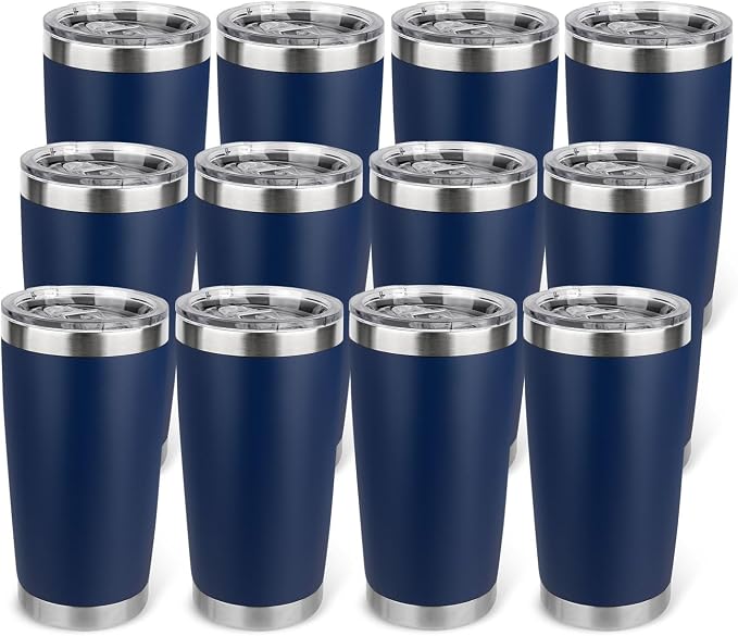 20oz Stainless Steel Tumbler Bulk with Lid, Travel Mug - Double Wall Vacuum Powder Coated Cup - Navy Blue, 12 Pack by Unknown