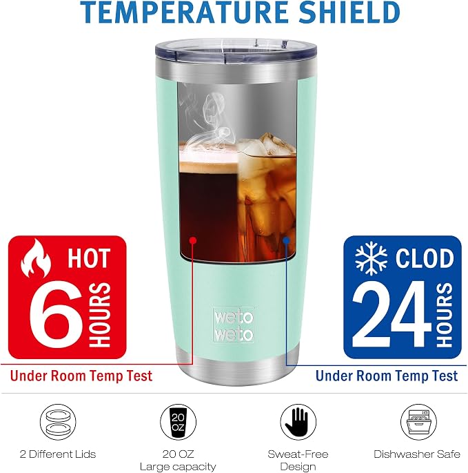 WETOWETO 20oz Tumbler with 2 lids and 2 straws, Stainless Steel Vacuum Insulated Water Coffee Tumbler Cup with Handle, Double Wall Powder Coated Travel Mug Thermal Cup (Light Green, 1 Pack) - Image 6