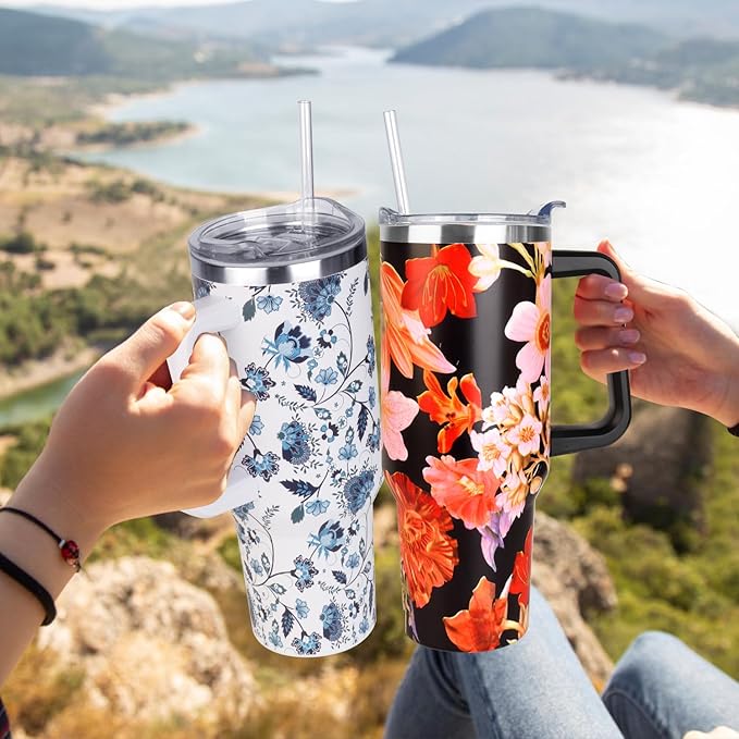 SYACOT 40 oz Tumbler with Handle and Straw Stainless Steel Insulated Tumbler Leak Proof Lid and Straw Lid Reusable Travel Mug Coffee Mug Cup Dishwasher Safe Keep Drinks Cold and Hot (Jasmine) - Image 6