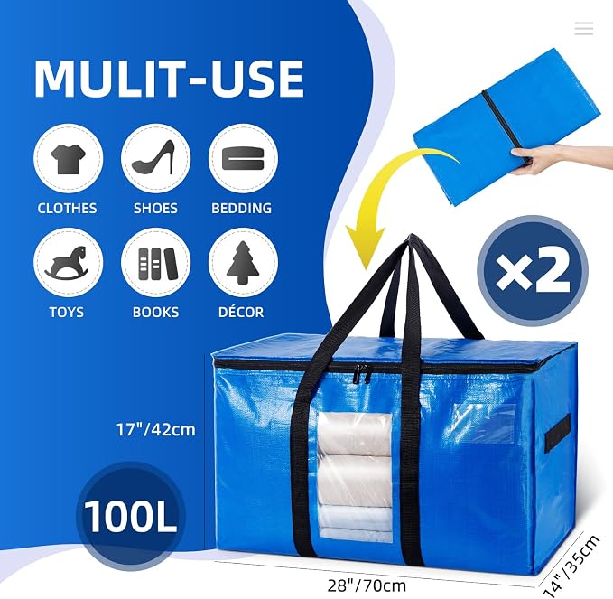 TAILI Extra Large Moving Bags, 2 Pack Blue Heavy Duty Totes - Image 2
