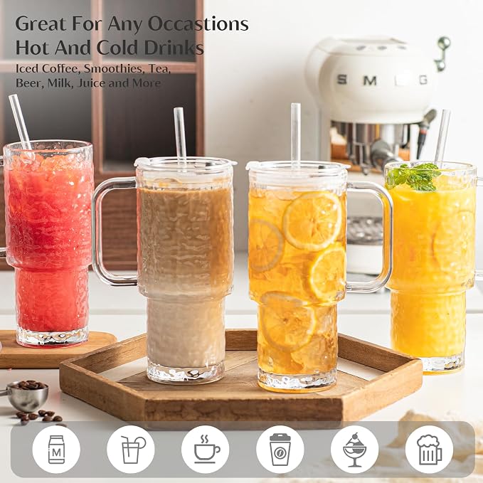 INSETLAN 26oz Water Ripple Glass Tumbler with Handle and Lid, Set of 2 – Reusable Iced Coffee Cups with Lids, Clear Glass Cups with Straw for Coffee, Smoothies, Tea, Juice – Perfect for any Occasion - Image 6