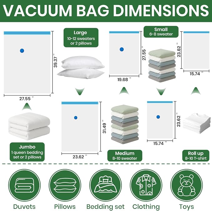 Vacuum Storage Bags, Comforters, Pillows-4 Jumbo+4 Large+4 Medium+4 Small+4 - Image 5