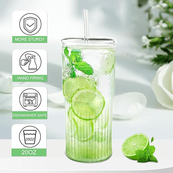 Luiaiog Glass Cups with Lids and Glass Straws, High Borosilicate 20OZ Tumblers for Coffee, Tea, Juice, Smoothies, Hot/Cold Drinks at Home, Office - Image 4