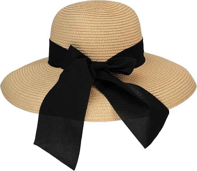 Surblue Straw Summer Hat Women's Floppy Sun Hat Wide Brim Beach Bow Hat by SURBLUE