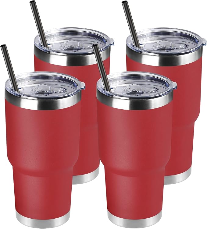 DOMICARE 30 oz Tumbler with Lid and Straw, Stainless Steel Tumblers Bulk, Insulated Vacuum Double Wall Travel Coffee Mug, Durable Powder Coated Tumbler Cups (Red, 4) by VisittheDOMICARE