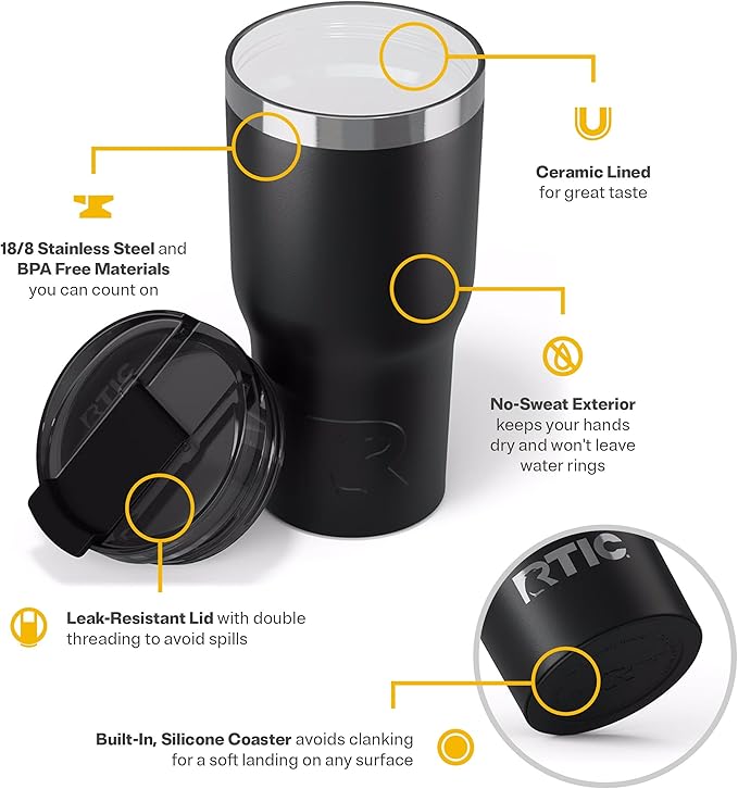 RTIC 20oz Essential Tumbler with Lid, Ceramic Lined, Insulated, Stainless Steel, Metal, Double Wall Vacuum-Insulation, Travel Cup for Iced Coffee, Tea, Hot and Cold Drink, Black - Image 4