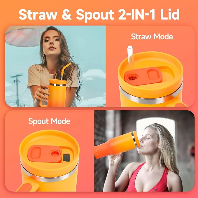 40oz Tumbler with Handle and Straw Spout 2-in-1 Lid, Spill Leak Proof Insulated Travel Cup Traveler Water Mug Keep Cold Hot, Dishwasher Safe Stainless Steel Bottle Gifts for Women Men, Ombre Orange - Image 4