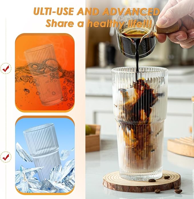 20 oz Glass Tumblers, Iced Coffee Cups with Lids and Glass Straws, Thickened Wall Glass Cups, Ideal for Smoothies, Cocktails, and Juices – Vintage and Durable Drinkware –2 Pack - Image 2