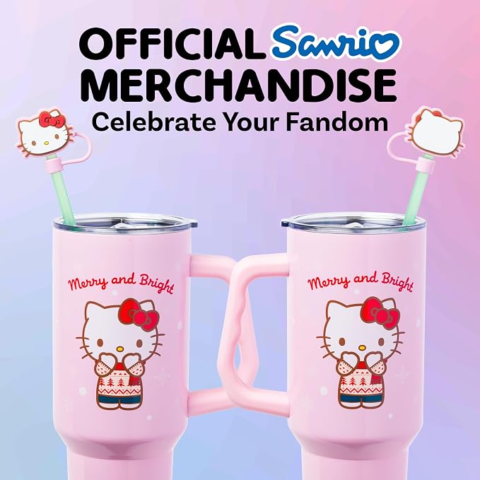 Silver Buffalo Sanrio Hello Kitty Christmas Holiday Sweater Merry and Bright Double Walled Stainless Steel Tumbler with Handle, Straw, and Straw Cap, Fits in Standard Cup Holder, 40 Ounces - Image 5