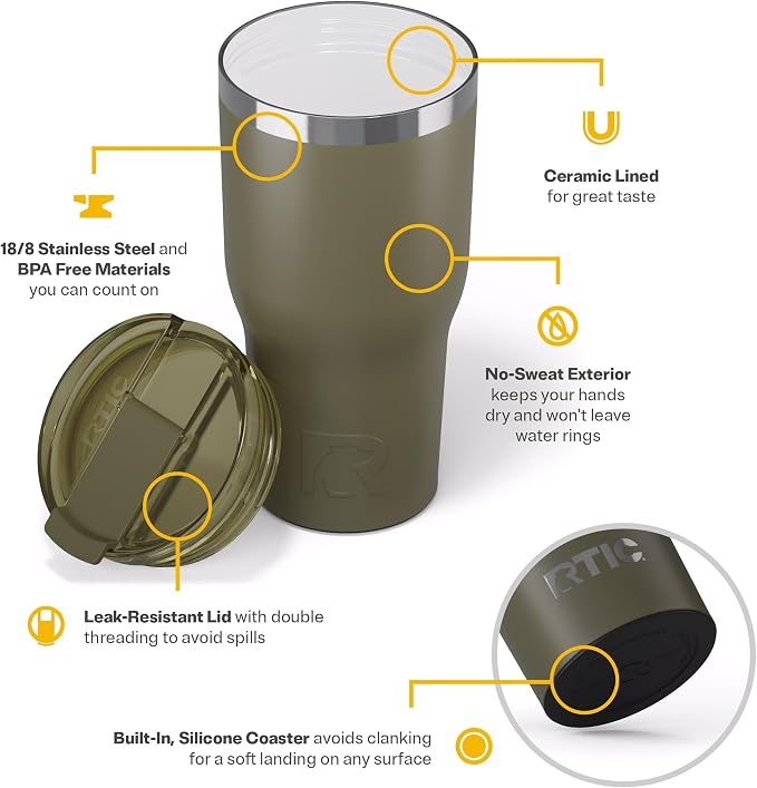 RTIC 30oz Essential Tumbler with Lid, Ceramic Lined, Insulated, Stainless Steel, Metal, Double Wall Vacuum-Insulation, Travel Cup for Iced Coffee, Tea, Hot and Cold Drink, Olive - Image 4
