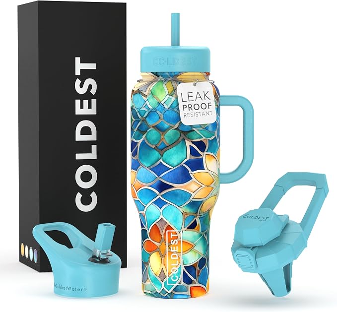 Coldest Tumbler with Handle and Straw, 100% Leak Proof Insulated Tumbler with Lid and Straw (3 Lids), Stainless Steel Tumblers for Women & Men, Cup Holder Friendly, 36 oz (Morrocan Vibes) by Coldest