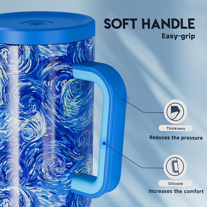 Meoky Tumbler with Handle and Straw for Women: 40 oz Stainless Steel Insulated Tumbler with Lid and Straw 100% Leakproof for Car Cup Holders - Travelers Commuters Workers, Van Gogh - Image 6