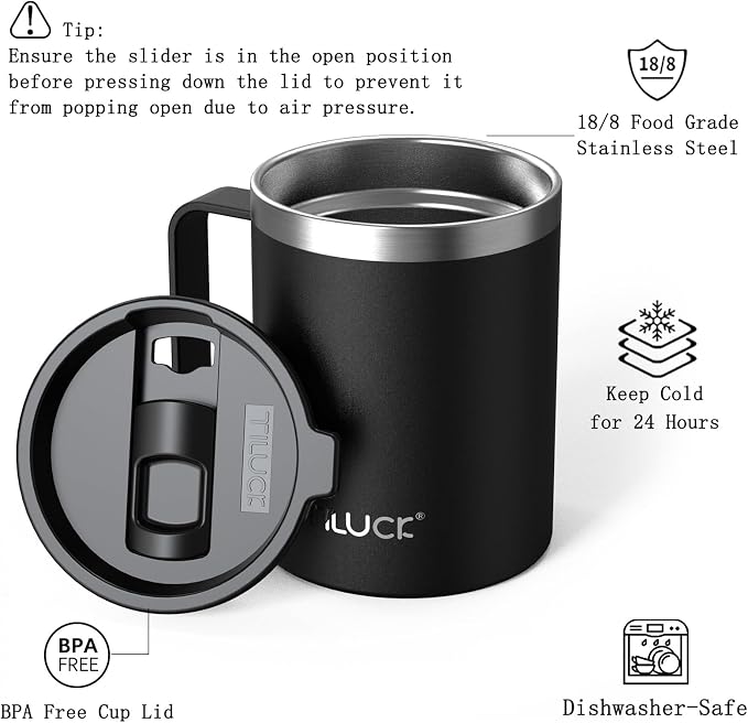 TILUCK 12 oz Insulated Coffee Mug with Lid, Double Wall Vacuum Insulated Travel Mug Cup with Handle for Hot or Cold Drinks（12oz，Matte Black） - Image 2