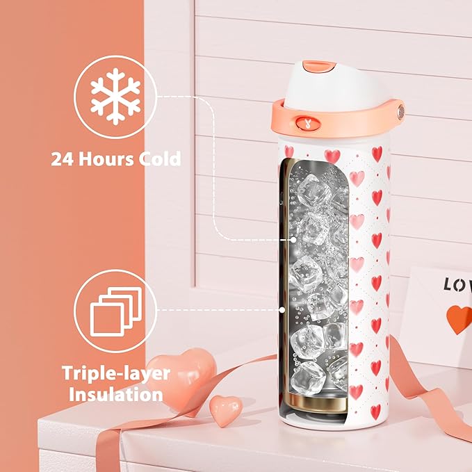 24 oz Valentine's Day Water Bottle: Meoky Stainless Steel Water Bottle with Straw and Spout Lid - Leak Proof, Cold for 24 Hours, Fits in Car Cup Holder, Valentines Day Gifts for Her Women Girls, Amora - Image 3