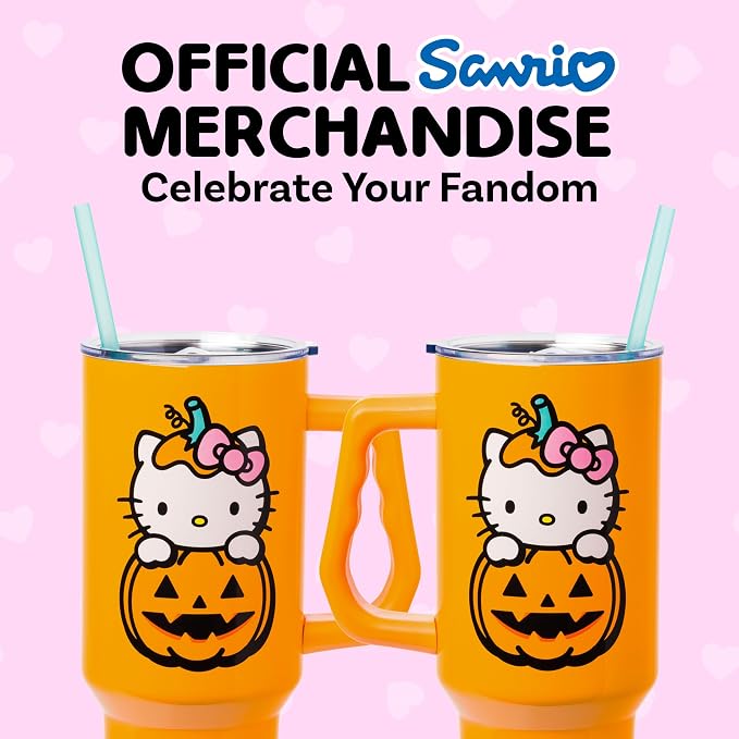 Silver Buffalo Sanrio Hello Kitty Halloween Jack-O-Lantern Double Walled Stainless Steel Tumbler with Handle and Straw, Fits in Standard Cup Holder, 40 Ounces - Image 5