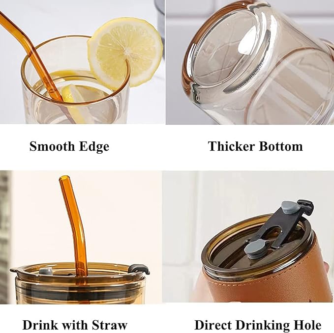 BLUEPOLAR 13 oz Tumbler Water Glass, Water Bottle with Straw and Dustproof Lid, Coffee Ice Cup Double Wall Insulated Glass Cup (Amber-4pack) - Image 2