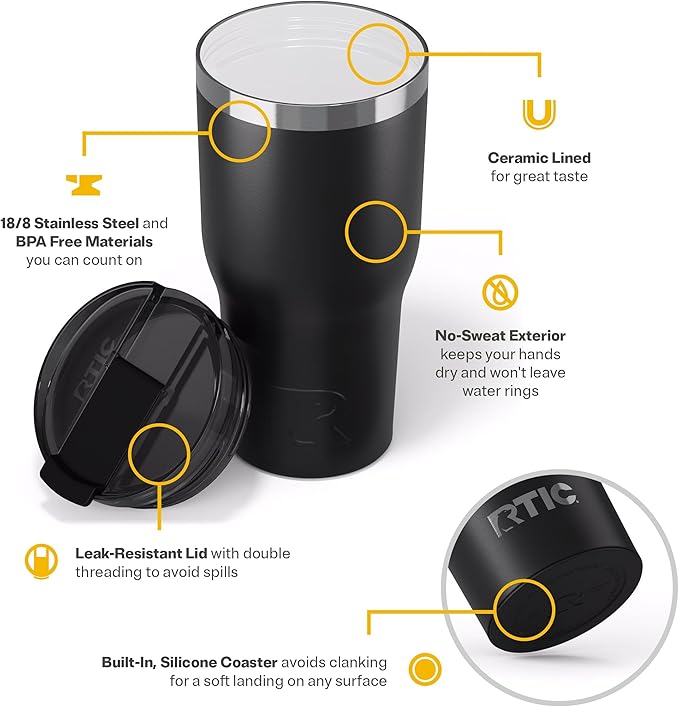 RTIC 30oz Essential Tumbler with Lid, Ceramic Lined, Insulated, Stainless Steel, Metal, Double Wall Vacuum-Insulation, Travel Cup for Iced Coffee, Tea, Hot and Cold Drink, Black - Image 4