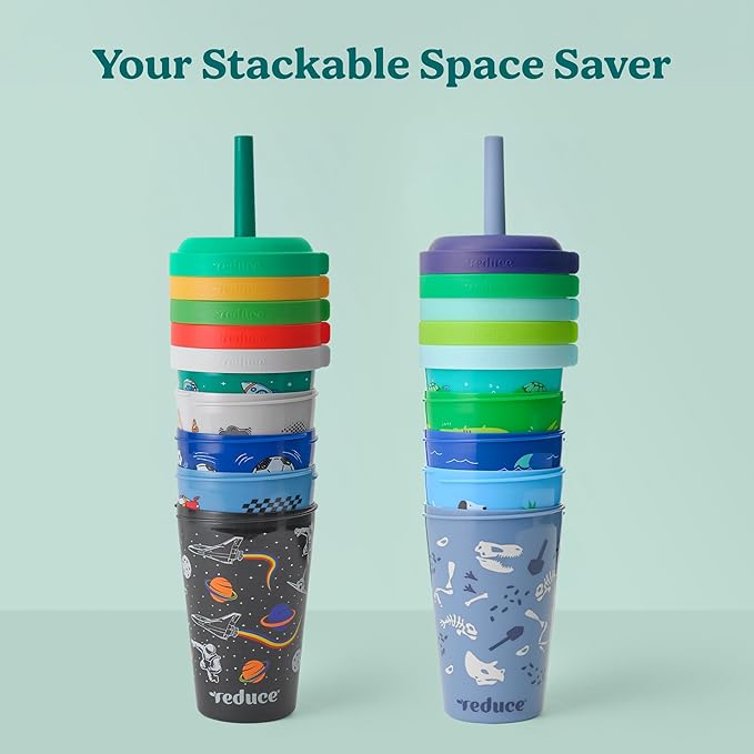 REDUCE GoGo's Kids Portable Tumbler Cups with Lids and Spill-Proof Straws - 10 Pack of Stackable 12 oz Tumblers with Twist-On Lids - Easy Storage, Dishwasher Safe - Club House - Image 6