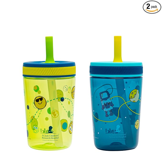 Zak Designs St. Jude Kelso Toddler Tumblers For Travel or At Home, 15oz 2-Pack Durable Plastic Sippy Cups With Leak-Proof Design is Perfect For Kids (Space and Smiles) by ZakDesigns