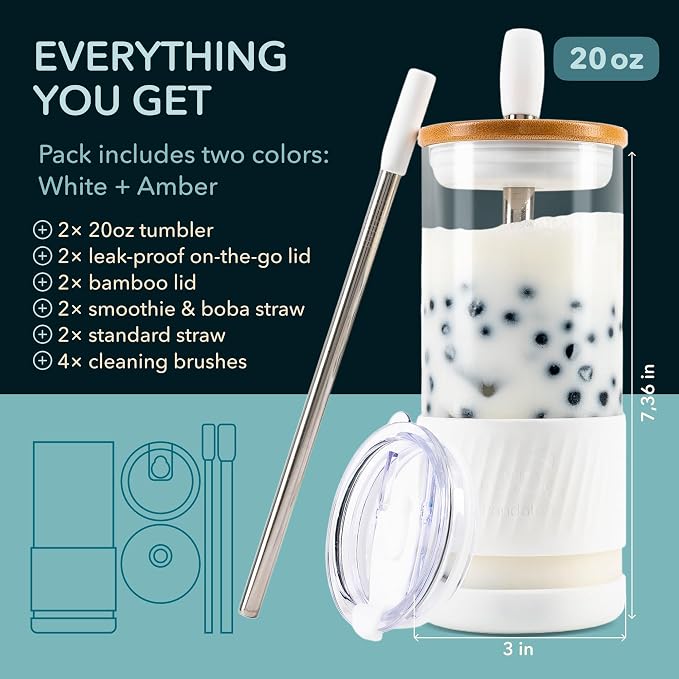 Pandaloo® Glass Cups With Lids and Straws -20 Fl Oz- Perfect Size Iced Coffee Cup - Smoothie Cup With Bamboo Lid and On the go Lid - Glass Tumbler (2 Count (Pack of 1), Amber Sand-Coton White) - Image 2