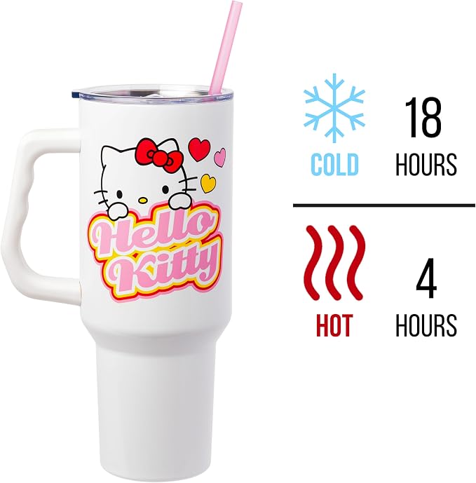 Silver Buffalo Sanrio Hello Kitty Name and Hearts Double Walled Stainless Steel Tumbler with Handle and Straw, Fits in Standard Cup Holder, 40 Ounces - Image 3