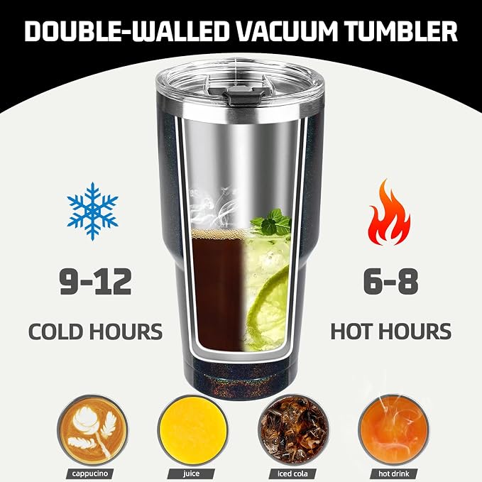 30 oz Tumbler with Lids and Straws, Stainless Steel Insulated Coffee Tumbler, Double Wall Vacuum Insulated Travel Mug Cup, Leakproof Thermal Coffee Cup for Hot and Cold Drinks (Glitter Black) - Image 4