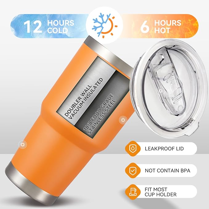 30 oz Tumbler with Lid Stainless Steel Tumblers Bulk Vacuum Insulated Cup Reusable Powder Coated Travel Mug Double Wall Leak Proof Cups Keep Cold Drinks for 12 Hours Orange, Set of 12 - Image 4