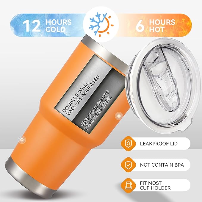 30 oz Tumbler with Lid Stainless Steel Tumblers Bulk Vacuum Insulated Cup Reusable Powder Coated Travel Mug Double Wall Leak Proof Cups Keep Cold Drinks for 12 Hours Orange, Set of 4 - Image 4