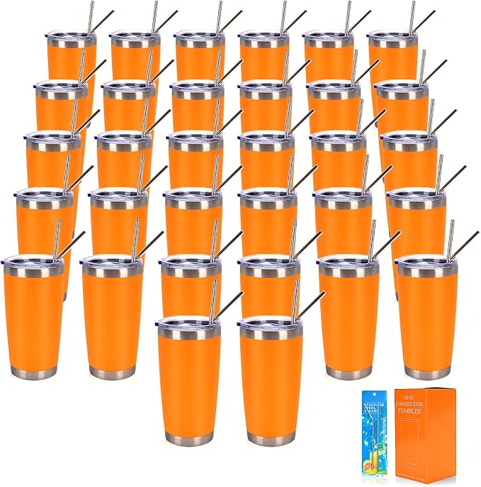 IEOVIEE 32 Pack, 20oz Stainless Steel Bulk Tumblers with Lids and Straws, Double Wall Insulated Travel Coffee Mug, Durable Powder Coated Tumbler Bulk Cup for Cold and Hot Drinks(Orange) by IEVOIEE