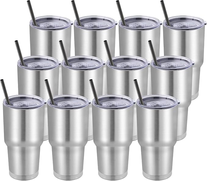 DOMICARE 30 oz Tumbler with Lid and Straw, Stainless Steel Tumblers Bulk, Insulated Vacuum Double Wall Travel Coffee Mug, Durable Powder Coated Tumbler Cups (Stainless Steel, 12) by VisittheDOMICARE