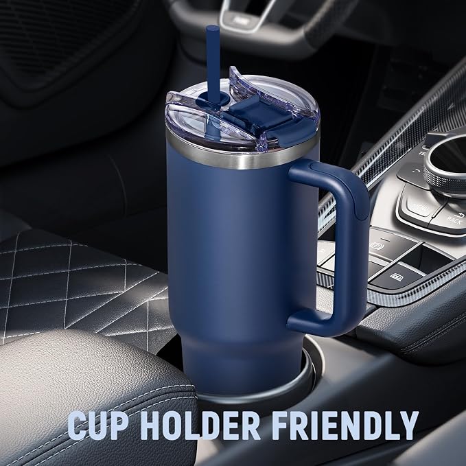 40 oz Tumbler with Handle and Straw Lid,Insulated Reusable Stainless Steel Water Bottle Travel Mug，Cupholder Friendly Double Wall Vacuum Sealed Cup (Navy) - Image 5