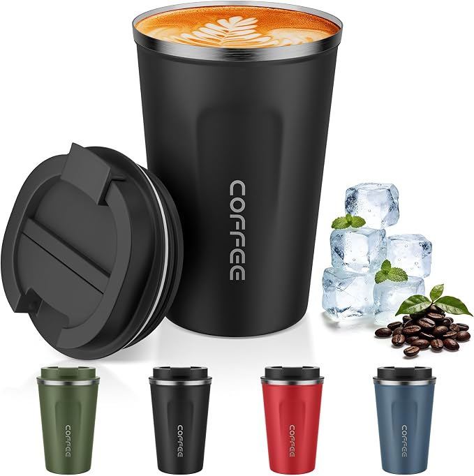 MOMSIV 12oz Travel Mug, Insulated Coffee Cup with Leakproof Lid, Vacuum Stainless Steel Double Walled Reusable Tumbler for Hot and Cold Water Coffee and Tea In Travel and Car Black by MOMSIV