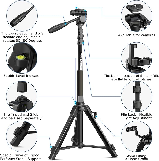 Camera Tripod 69 Inch, Patented 3-Way Swivel Portable Phone Tripod Professional - Image 5