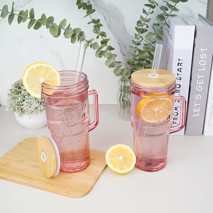 ANOTION Glass Cups with Handle, 24oz Glass Cups with Lids and Straws Travel Coffee Mug Bamboo Mason Jar Iced Cup Smoothie Tea Clear Cute Water Drinking Jars Glasses - Image 6