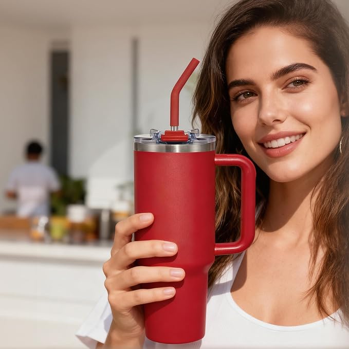 COKTIK 40 oz Tumbler With Handle and Straw, Insulated Tumbler With Leakproof Lids, Stainless Steel|BPA-Free, Cold for 24 H (Red) - Image 7