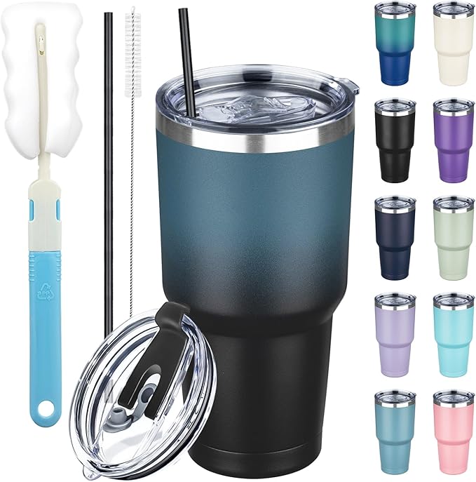 30 oz Tumbler with Lids and Straws, Stainless Steel Insulated Coffee Tumbler, Double Wall Vacuum Insulated Travel Mug Cup, Leakproof Thermal Coffee Cup for Hot and Cold Drinks (Blue Black) by GUDEMAO