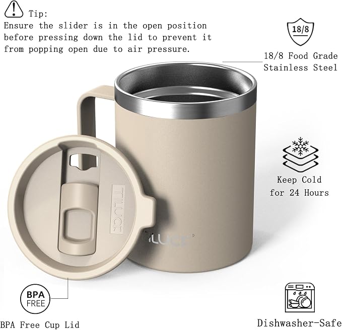 TILUCK 12 oz Insulated Coffee Mug with Lid, Double Wall Vacuum Insulated Travel Mug Cup with Handle for Hot or Cold Drinks（12oz，Matte MistyGray） - Image 2
