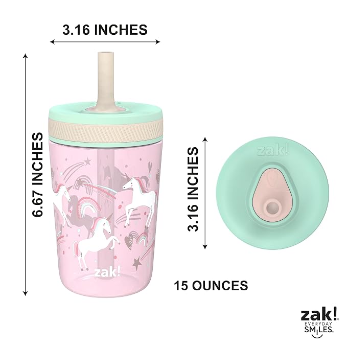 Zak Designs Kelso Toddler Cups For Travel or At Home, 15oz 2-Pack Durable Plastic Sippy Cups With Leak-Proof Design is Perfect For Kids (Fanciful Unicorn, Happy Skies) - Image 8