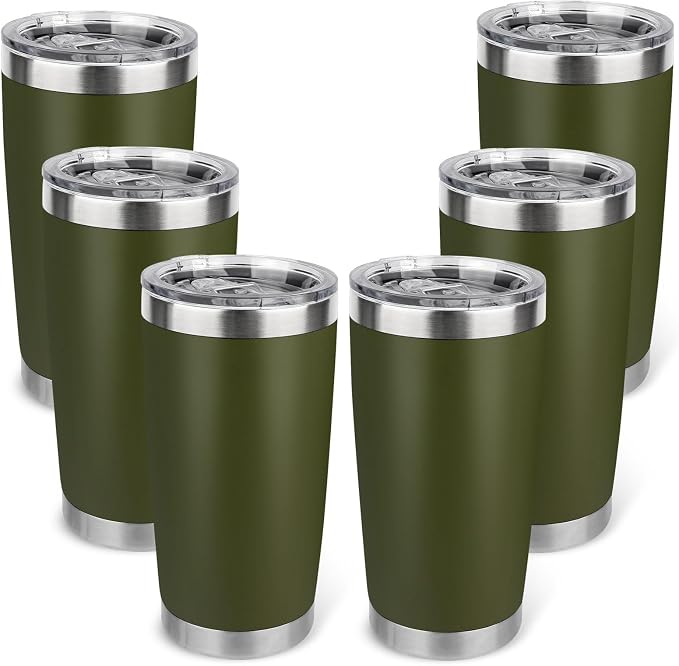 20oz Stainless Steel Tumbler Bulk with Lid, Travel Mug - Double Wall Vacuum Powder Coated Cup - Army Green, 6 Pack by Unknown