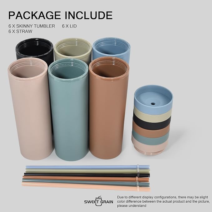 sweet grain Multicolor Skinny Tumblers with Lids and Straws(6 Pack) - 16oz Matte Pastel Colored Skinny Acrylic Tumblers, Double Wall Plastic Tall Skinny Tumblers Bulk for Cold Hot Drinks - Morandi - Image 6
