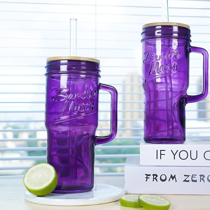 ANOTION Glass Cups with Handle, 24oz Glass Cups with Lids and Straws Travel Coffee Mug Bamboo Mason Jar Iced Cup Smoothie Tea Clear Cute Water Drinking Jars Glasses, Purple - Image 5