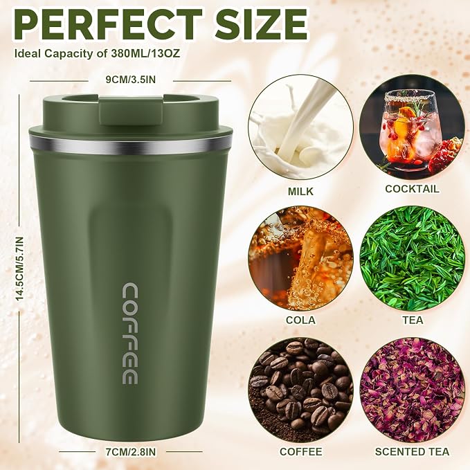 MOMSIV 12oz Travel Mug, Insulated Coffee Cup with Leakproof Lid, Vacuum Stainless Steel Double Walled Reusable Tumbler for Hot and Cold Water Coffee and Tea In Travel and Car Armygreen - Image 2