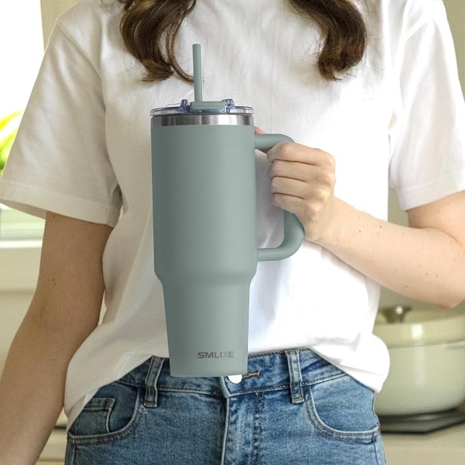 40 oz Tumbler with Handle and Straw Lid,Insulated Reusable Stainless Steel Water Bottle Travel Mug，Cupholder Friendly Double Wall Vacuum Sealed Cup (Shale) - Image 6